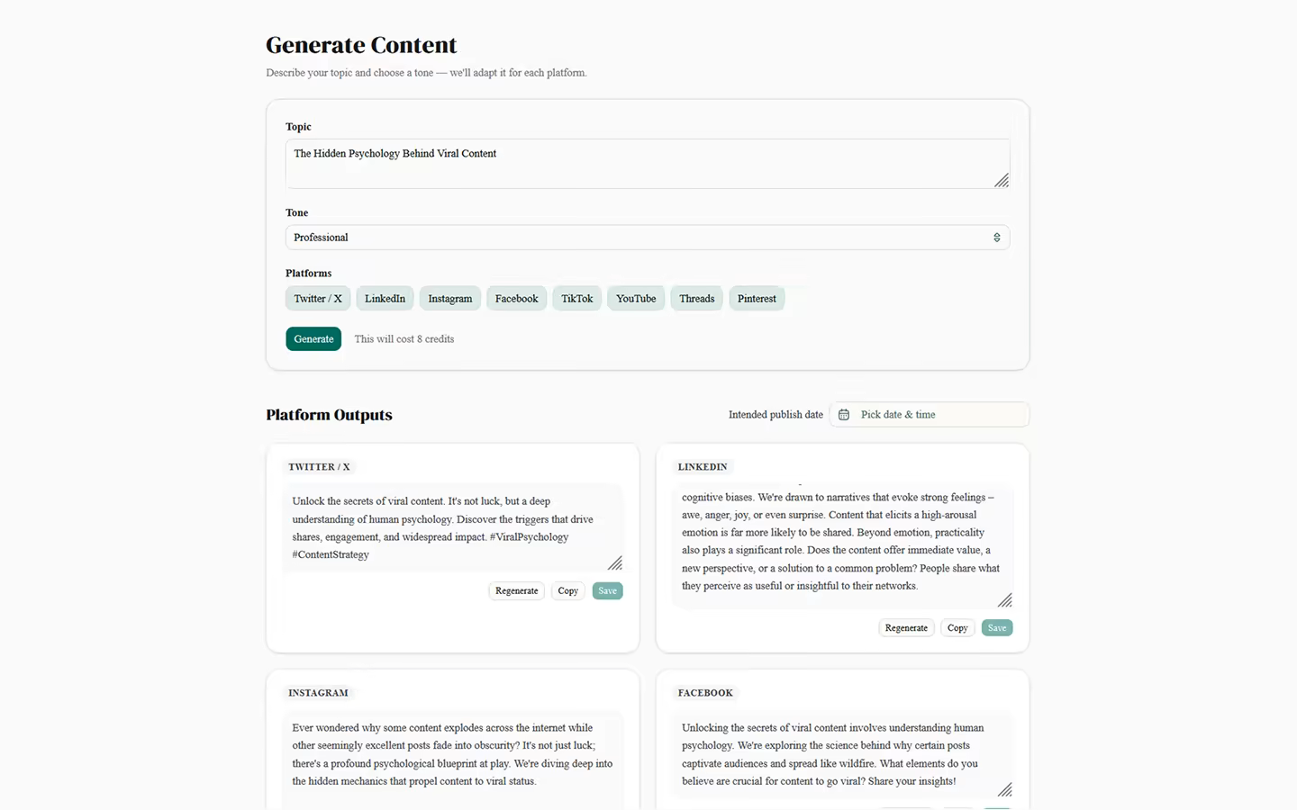Product screenshot — AI content generation dashboard